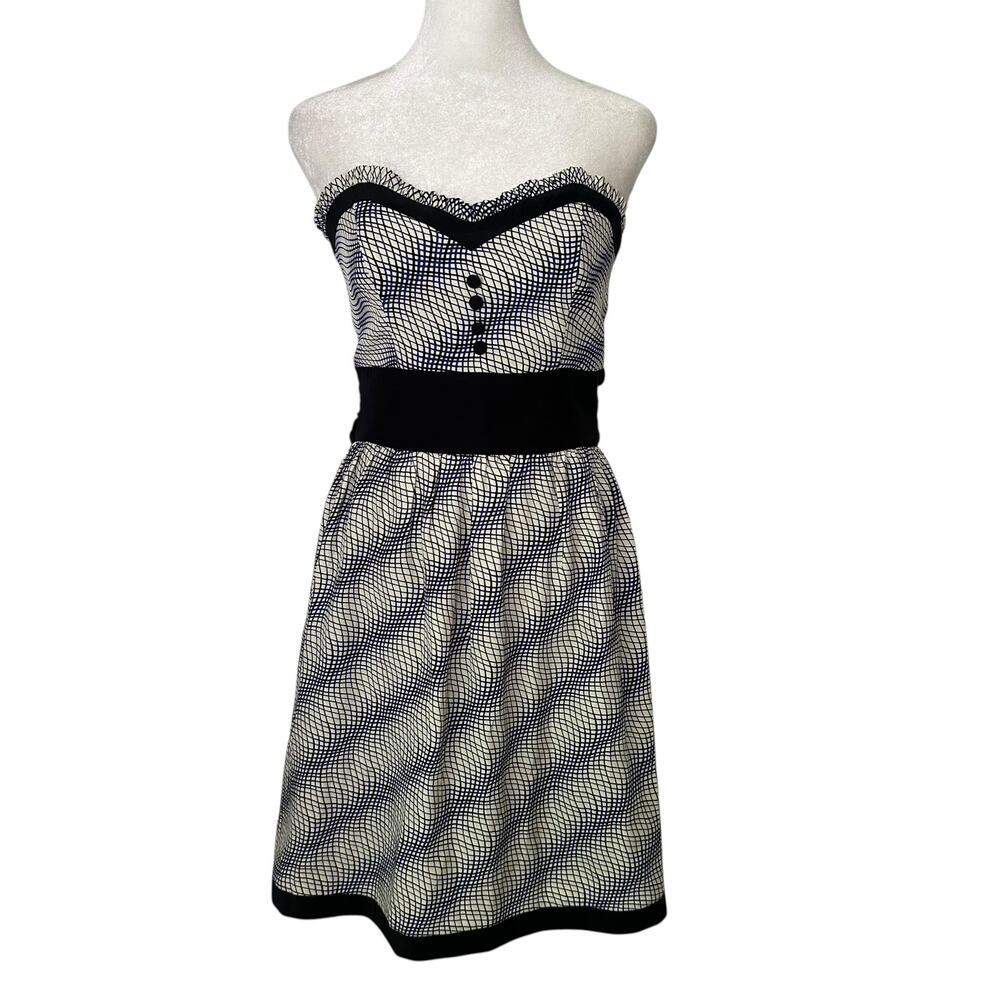 Betsey Johnson cream, black & blue print strapless silk mini dress size 2